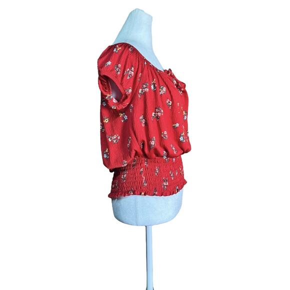 Y2K Rue21 Red Floral Smocked Peasant Top Boho Cottagecore Sz L Romantic Feminine - Picture 3 of 6